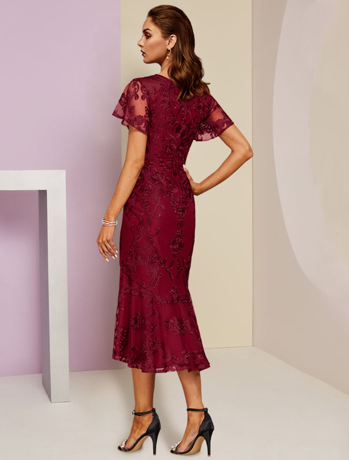 Wholesale  Sheath / Column Mother of the Bride Dress Wedding Guest Party Elegant V Neck Tea Length Lace Short Sleeve with Pleats Solid